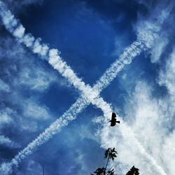 Low angle view of people against blue sky