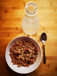 High angle view of breakfast served on table