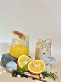 Fruits in glass on table