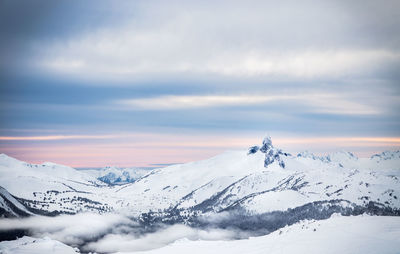 Scenic view of snow covered mountains against sky