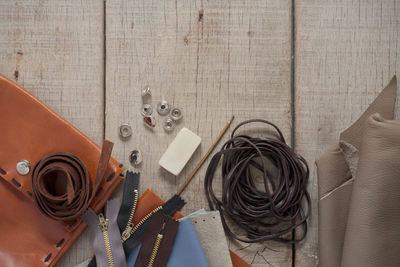 High angle view of equipment on table