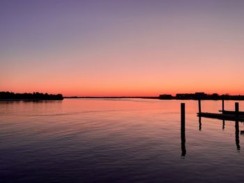 Scenic view of lake against clear sky during sunset