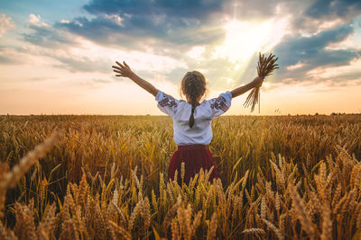 Rear view of girl holding wheat crops standing on field