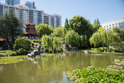 Statue in lake with city in background