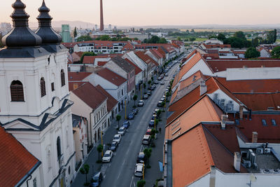 High angle view of buildings in city