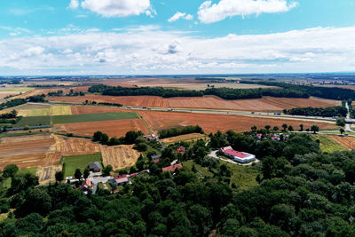 Village in mountains with forest, aerial view. mountain landscape