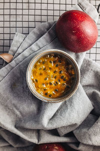 High angle view of fruits in bowl on table