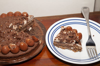 High angle view of cake in plate on table