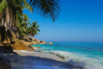 Scenic view of sea against blue sky