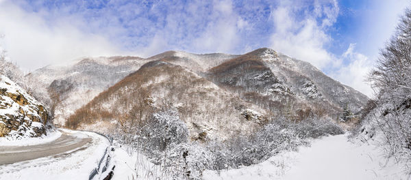 Scenic view of snowcapped mountains against sky