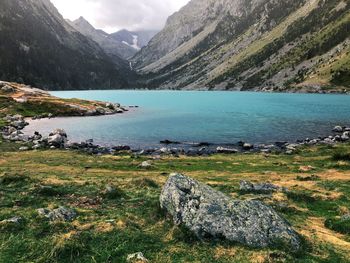 Scenic view of sea and mountains