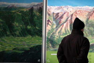 Rear view of man looking at mountains