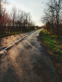 Road amidst bare trees against sky