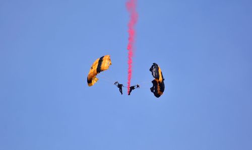 Low angle view of paragliders paragliding during airshow