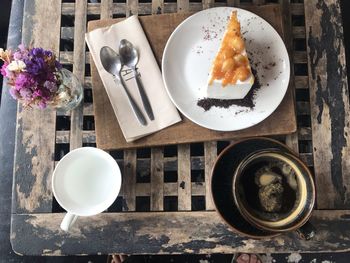 High angle view of breakfast served on table