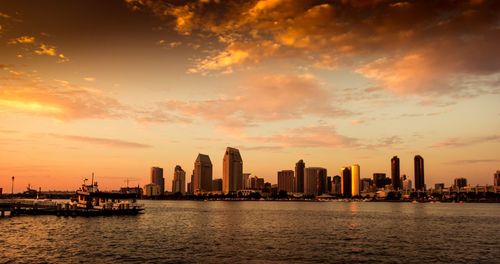 City at waterfront during sunset