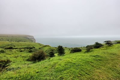 Scenic view of white cliffs of dover and sea against sky