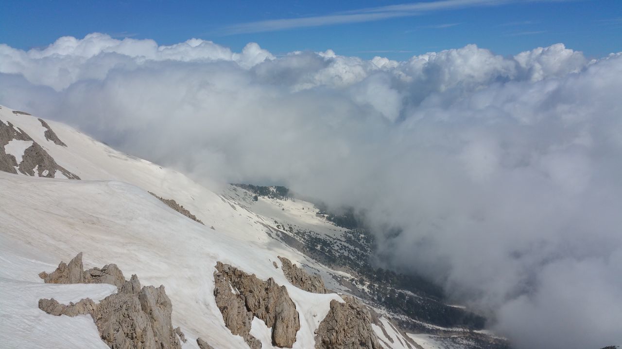 snow, winter, cold temperature, mountain, weather, sky, tranquil scene, tranquility, scenics, season, beauty in nature, cloud - sky, nature, snowcapped mountain, landscape, white color, mountain range, covering, non-urban scene, cloudy