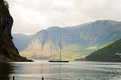 Scenic view of sea and mountains against sky