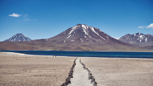 Scenic view of snowcapped mountains against blue sky