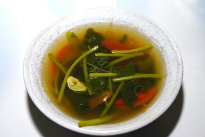 High angle view of soup in bowl