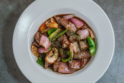 High angle view of food in plate on table