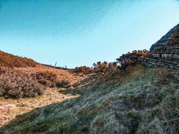 Scenic view of land against clear blue sky