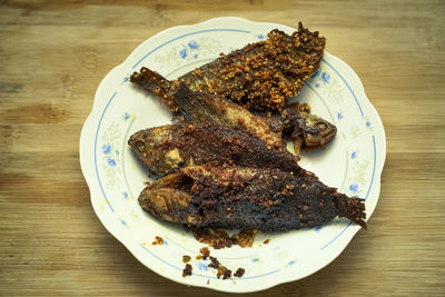 High angle view of food in plate on table