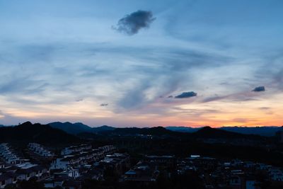 High angle view of buildings against sky at sunset