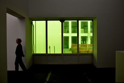 Rear view of woman standing by window