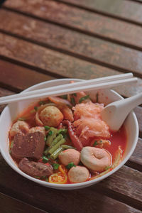 High angle view of food in bowl on table