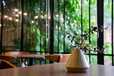 Close-up of vase on table against window