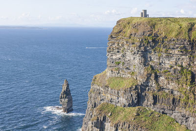 Rock formations by sea against sky