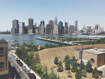 Panoramic view of buildings in city against clear sky