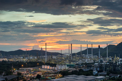 High angle view of townscape against sky during sunset