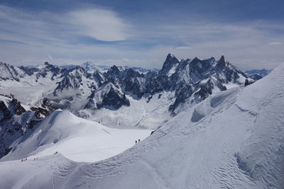 Scenic view of snow covered mountains against sky