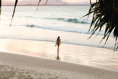 Rear view of woman in bikini with surfboard walking at beach during sunset