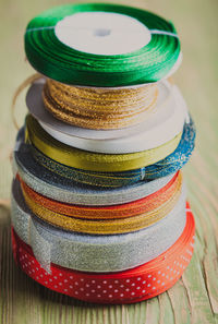 Close-up of multi colored pencils on table