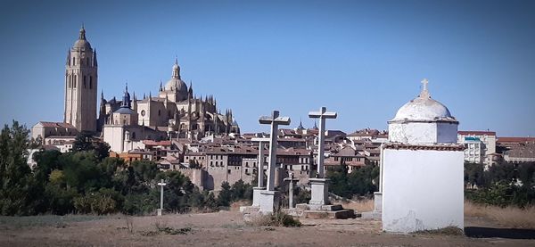 Panoramic view of buildings against clear sky