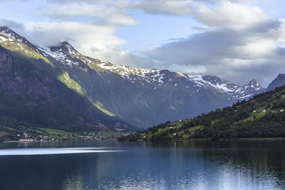 Scenic view of lake and mountains against sky