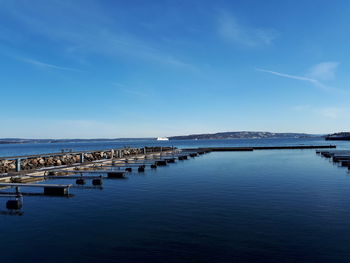 Scenic view of sea against blue sky