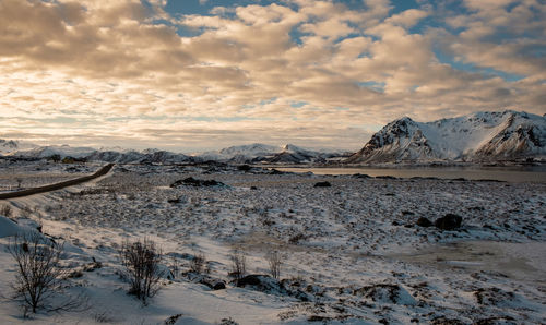 Scenic view of mountains against sky during sunset