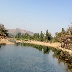 Scenic view of calm lake against clear sky