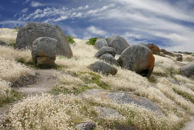 Rocks on landscape against sky