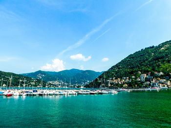 Scenic view of bay against blue sky