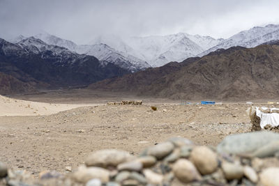 Landscape of ladakh, with snow mountains captured during the winter season. ladakh tourism.