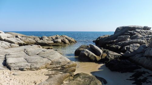 Scenic view of sea against clear blue sky