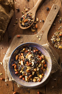 High angle view of food in bowls on table