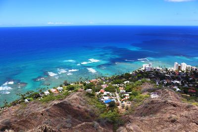 Scenic view of sea against blue sky