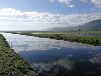 Scenic view of lake and mountains against sky